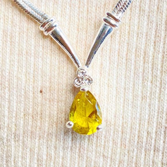 Demi Parure Necklace Bracelet Yellow Teardrop & Rhinestones On Silver Tone Chain - Picture 4 of 15